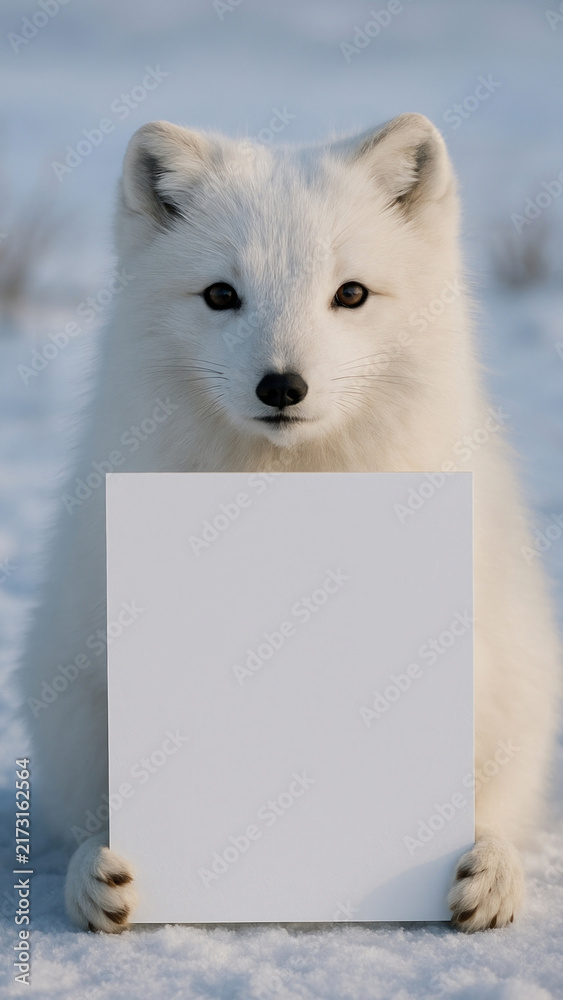 Naklejka premium Arctic fox holding blank sign