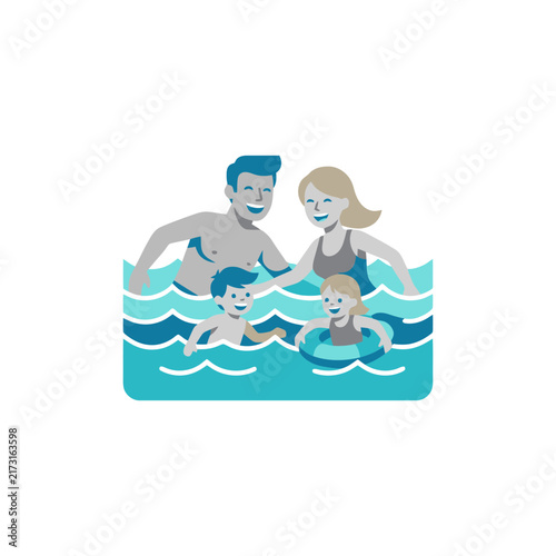 Happy family swimming together in a blue swimming pool
