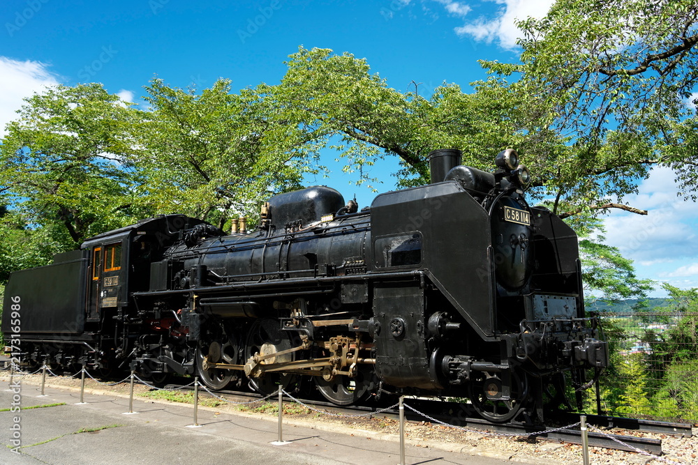 Obraz premium Vintage black steam locomotive parked outdoors under blue sky