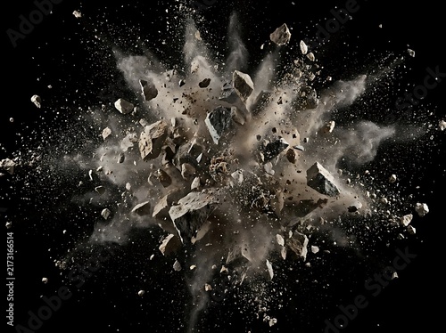 Dust, gravel, and stone fragments blasting violently outward over a black backdrop