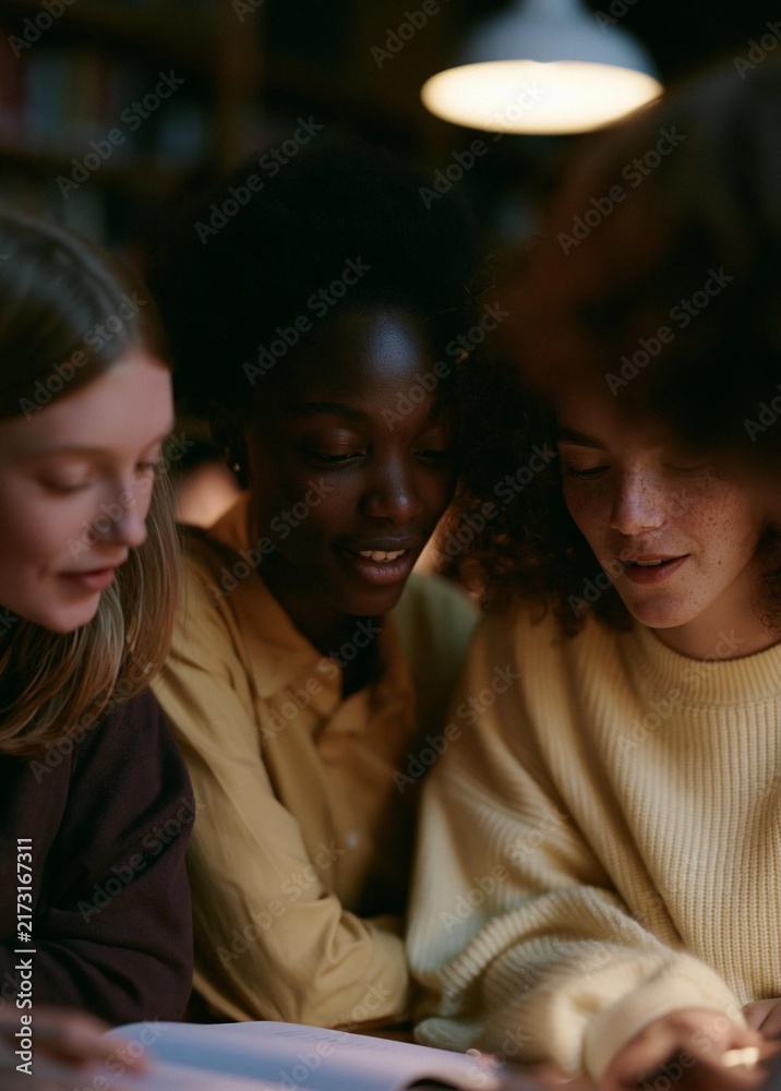 Fototapeta premium Three young women sitting at a table in a dimly lit room, looking at a book together. they appear to be engaged in a conversation, with one woman on the left, one in the middle, and one on the right.