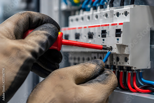 Professional electrician installing circuit breaker, electrical panel maintenance, technician repairing fuse box