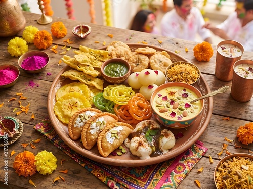 A wooden table with a vibrant Indian Holi celebration food plate filled with snacks and sweets