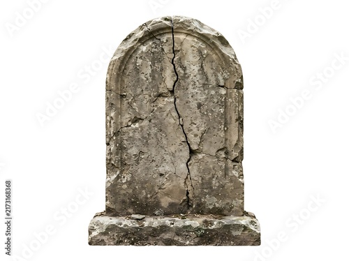 Ancient stone grave marker with an arched top that is aged and cracked, isolated on a white background