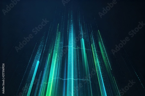 Abstract Digital Data Stream Background, Cyan and Emerald Glowing Columns