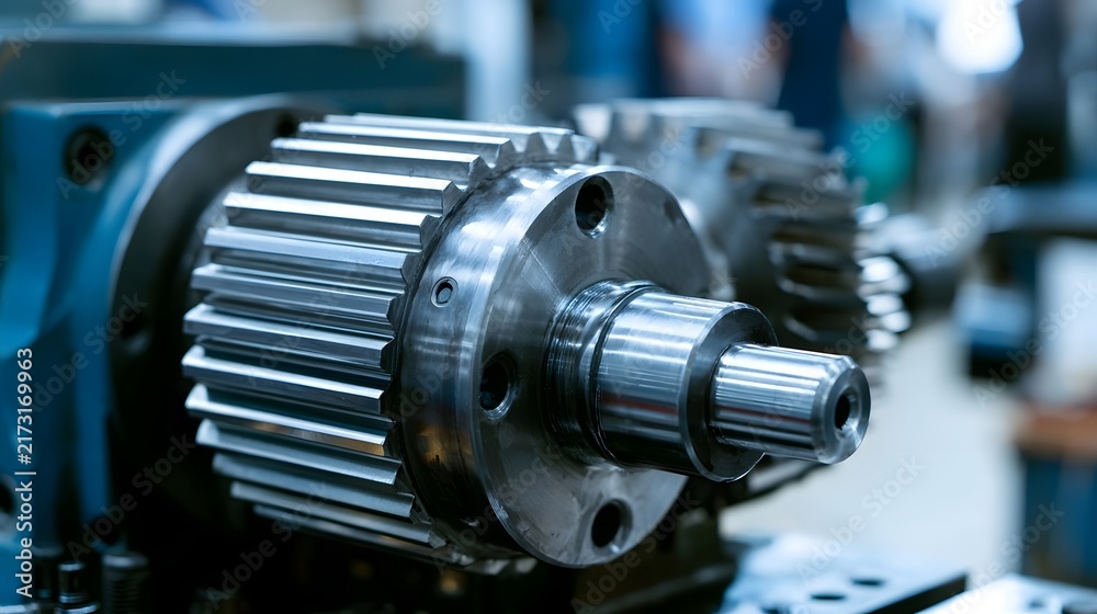 Fototapeta premium Close up of a precision hined gear assembly with metallic finish and industrial workshop background