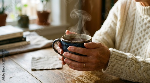 Indoor hands gripping a heated ceramic cup