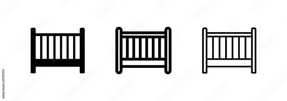 Obraz premium Baby crib icon set. Nursery bed for infants, symbolizing childcare and family, in solid, outline, and line styles.