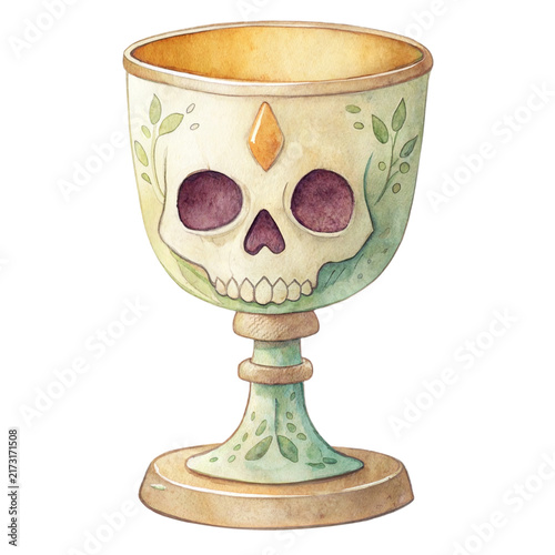 Cute watercolor illustration of a vintage magic skull goblet chalice with green leaves isolated