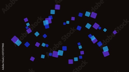 Abstract digital motion background with vibrant blue and purple rounded square shapes dynamically swirling and flowing across a dark screen creating a modern