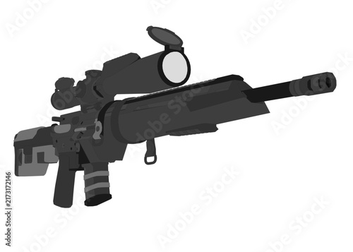 Принти на полотні Black and white sniper rifle with mounted scope in dynamic animated flat style, featuring modern clean lines and bold contrast for a striking visual impact