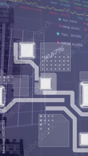 Animation of stock market data processing against view of inverted tall buildings