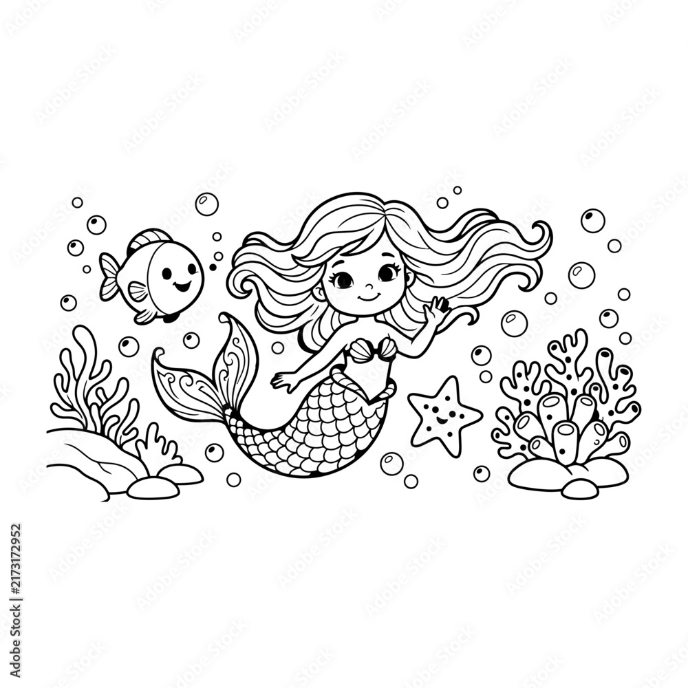 Fototapeta premium Cute little mermaid with fish and starfish coloring page vector illustration for kids