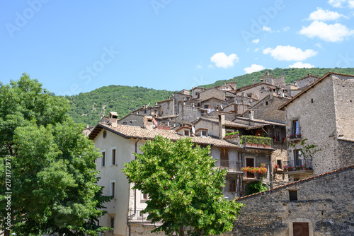Canvas Print Sunny view of hillside stone houses in the historic town of Scanno Abruzzo Italy