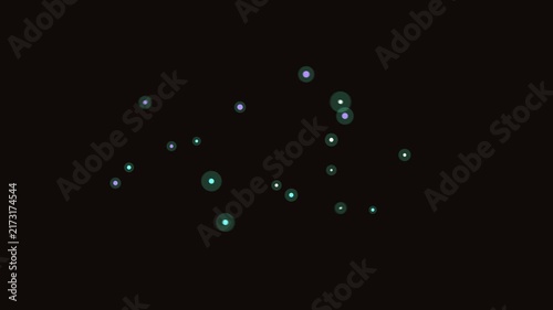 Dynamic abstract animation of glowing particles moving and expanding on a dark background featuring vibrant teal purple and white dots creating a futuristic digital flow