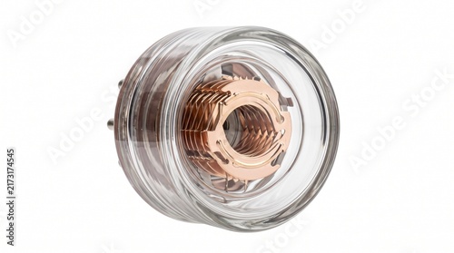 Macro photograph of a single photomultiplier tube. Vacuum glass envelope with beryllium-copper dynode plates for particle physics and optical detection. Isolated on white background.