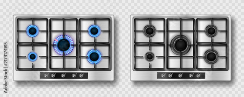 Realistic gas stovetop burners with stainless steel frame on transparent background