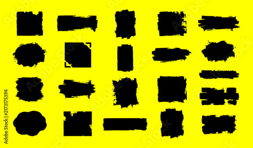 Black grunge ink brush strokes abstract shapes for paint background and text box