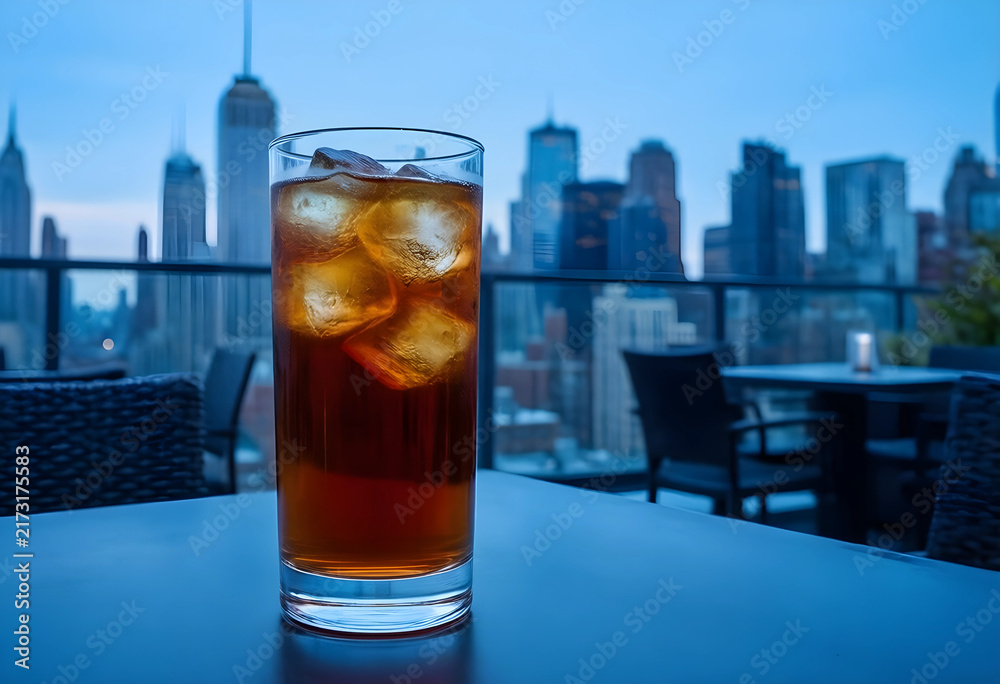 Obraz premium Urban lifestyle and evening relaxation, glass of iced tea on a rooftop terrace overlooking a city skyline at twilight with blurred skyscrapers