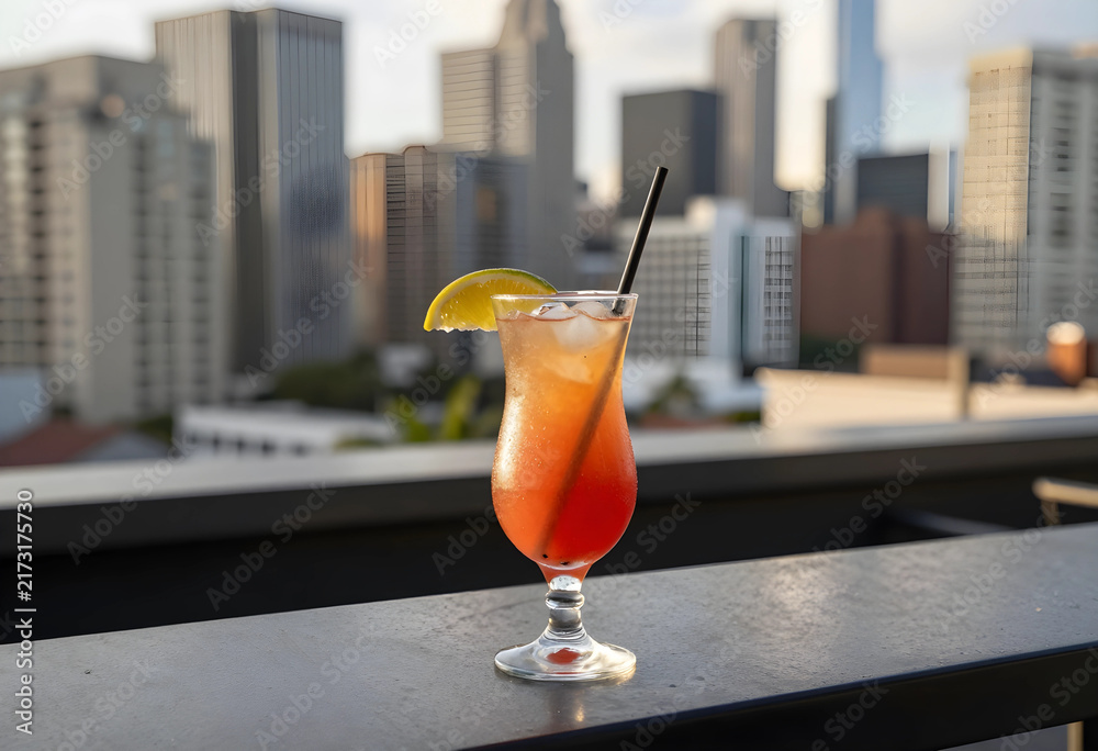 Obraz premium Happy hour and urban lifestyle, refreshing cocktail drink on a rooftop bar terrace with city skyline background during sunset for summer vacation travel