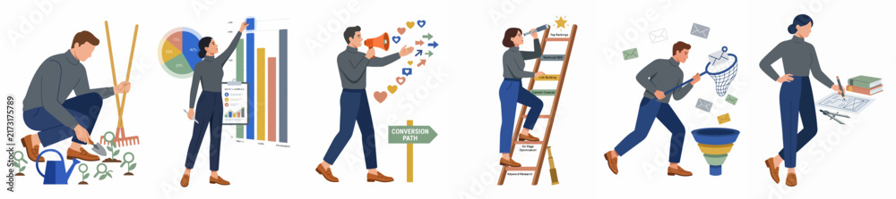 Fototapeta premium Set of Business People Character Illustrations Representing Marketing, Data Analysis, Strategic Planning, and Company Growth Concepts