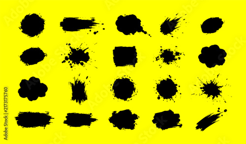 Black grunge ink brush strokes abstract shapes for paint background and text box