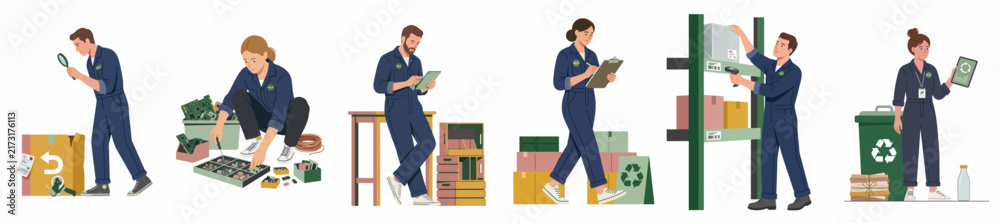 Fototapeta premium Set of warehouse workers in blue uniforms performing various tasks including quality control, sorting, and waste recycling in a sustainable logistics environment.