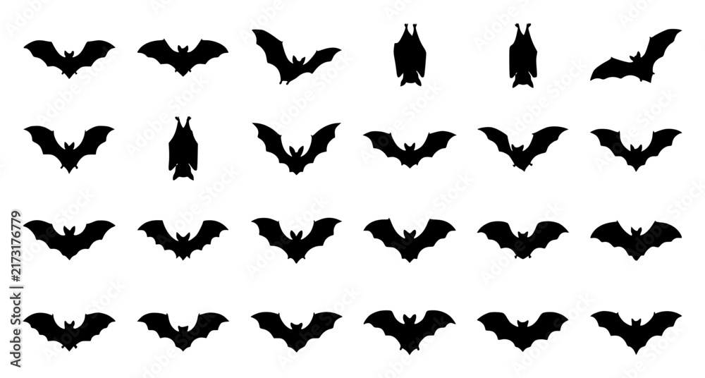 Fototapeta premium Bat set with flying silhouettes featuring nocturnal animals, Halloween theme, dark shapes with isolated figures and black wings
