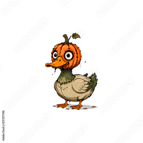 Spooky Halloween duck illustration wearing a carved pumpkin head mask isolated on white.