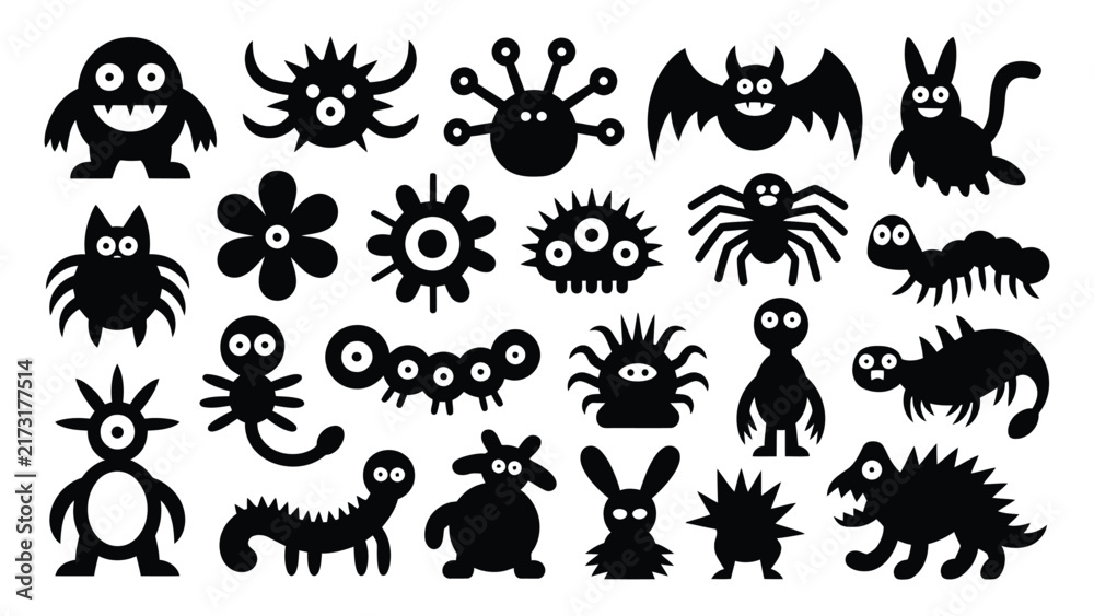 Obraz premium A collection of various black monster silhouettes with silhouettes representing diverse cartoon monsters mythical