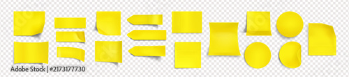 Collection of realistic yellow sticky notes on transparent background for notes and reminders