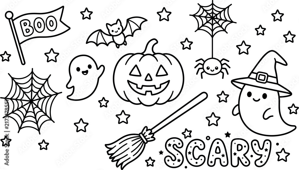 Fototapeta premium Hand-drawn Halloween icons set with ghosts, pumpkins, bats, and spooky text for coloring pages