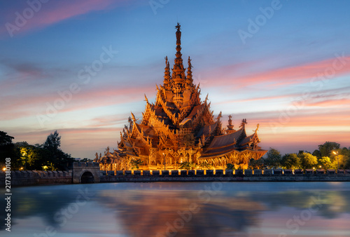 Beautiful scenery  sunset at Sanctuary of Truth. The Wood museum is an all-wood building filled located in Pattaya Thailand.