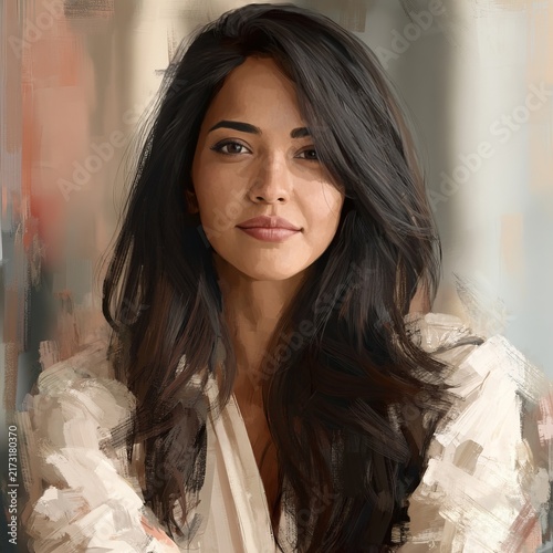 Portrait of a beautiful young woman with long dark hair looking at the camera in soft sunlight