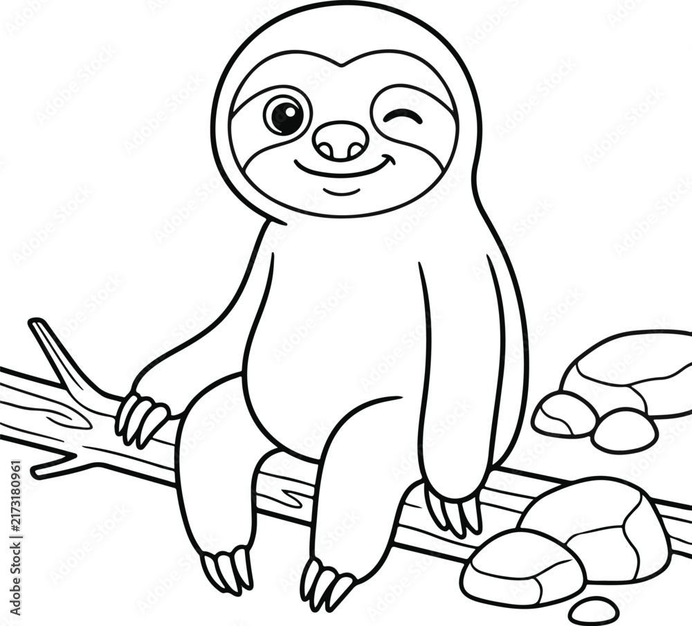 Fototapeta premium Cute cartoon sloth sitting on a tree branch with stones, coloring page for kids
