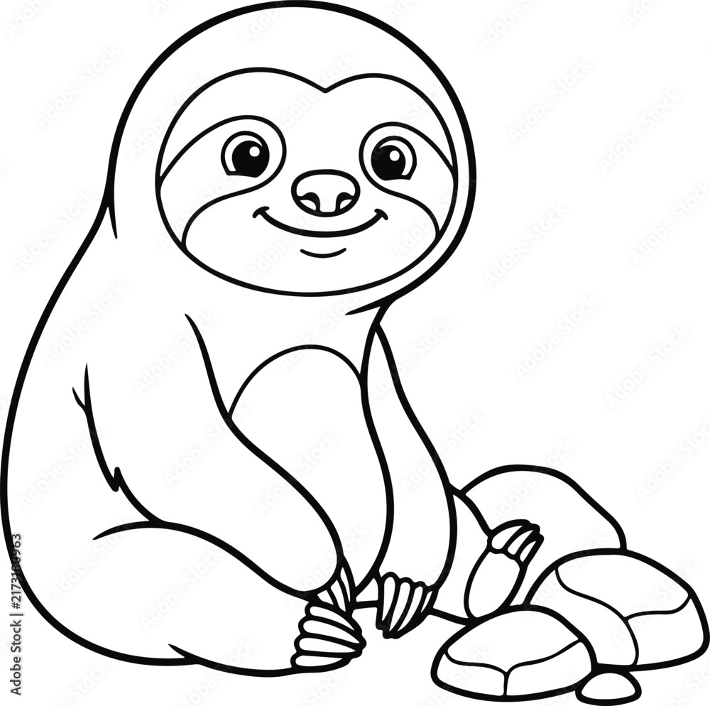 Fototapeta premium Cute cartoon sloth sitting with rocks, black and white outline illustration for coloring book page