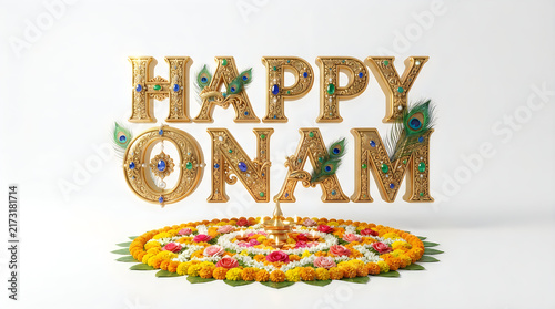 Happy onam text with traditional flower pookalam design and peacock feathers for indian harvest festival celebration isolated on transparent background