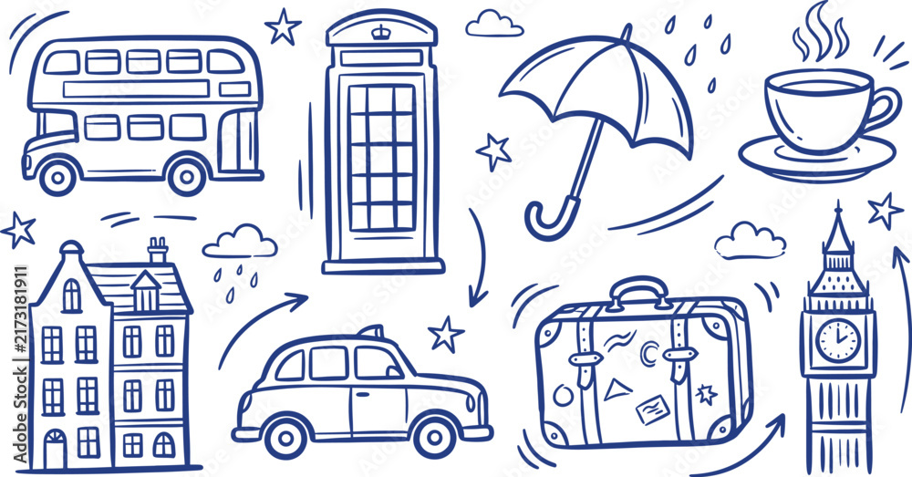 Fototapeta premium Hand drawn blue London travel vector set featuring outline icons of famous landmarks and symbols