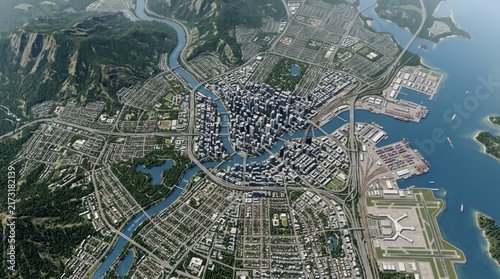 Aerial view of a sprawling modern coastal city with a dense skyscraper downtown.