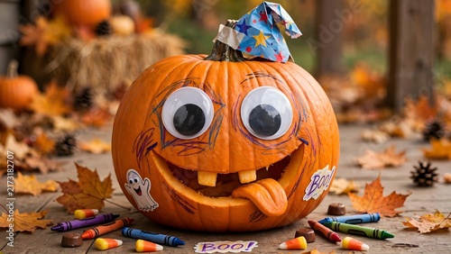 Fun carved Halloween pumpkin decorated with googly eyes, crayon scribbles, silly sticking-out tongue, and party hat on a wooden deck surrounded by autumn leaves and candy
