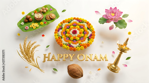 Happy onam festival celebration with colorful flower pookalam design and traditional lamp diya oil lamp isolated on transparent background