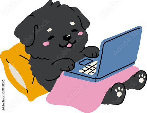 Kawaii Puppy Working on Computer Cartoon Design