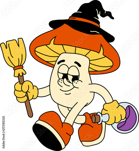 Cute Mushroom Wizard Cartoon Character with Magic Staff