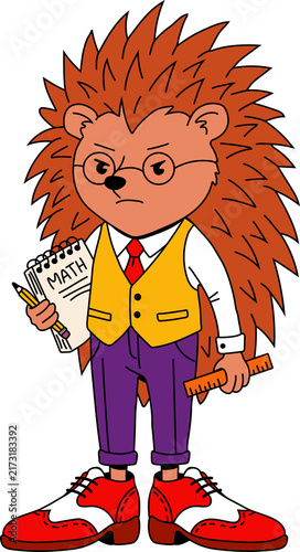 Smart Hedgehog Teacher Cartoon Character with Math Book