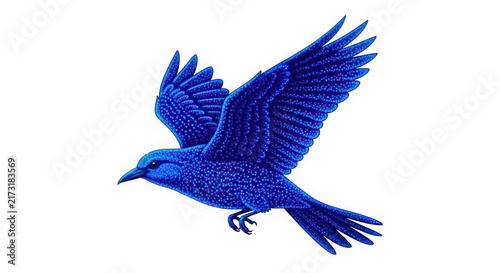 Beautiful blue bird flying with glowing starry night sky texture isolated on transparent background