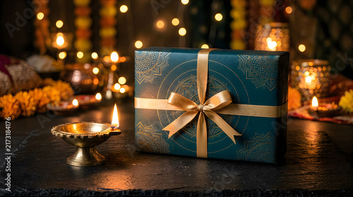 A beautifully wrapped gift amidst the warm glow of holiday lights