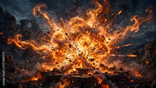 Violent explosion with fierce fire and flying debris in a dramatic landscape