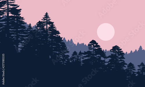 Silhouetted pines stand tall against a soft pink sky