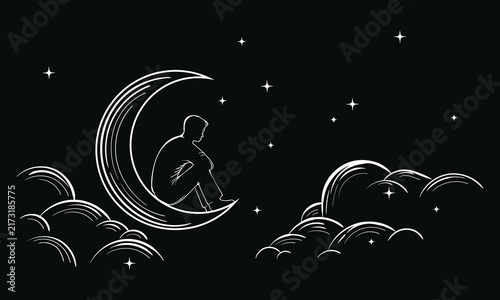 Silhouette sits quietly on crescent moon, gazing upward