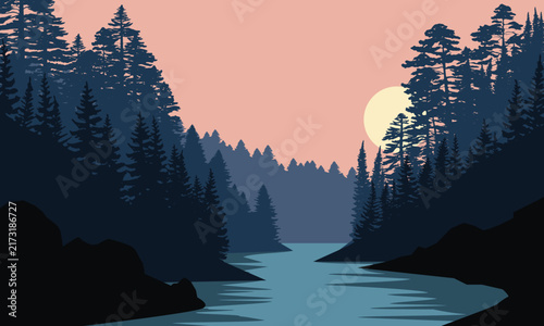 Silent forest river glows under twilight sky